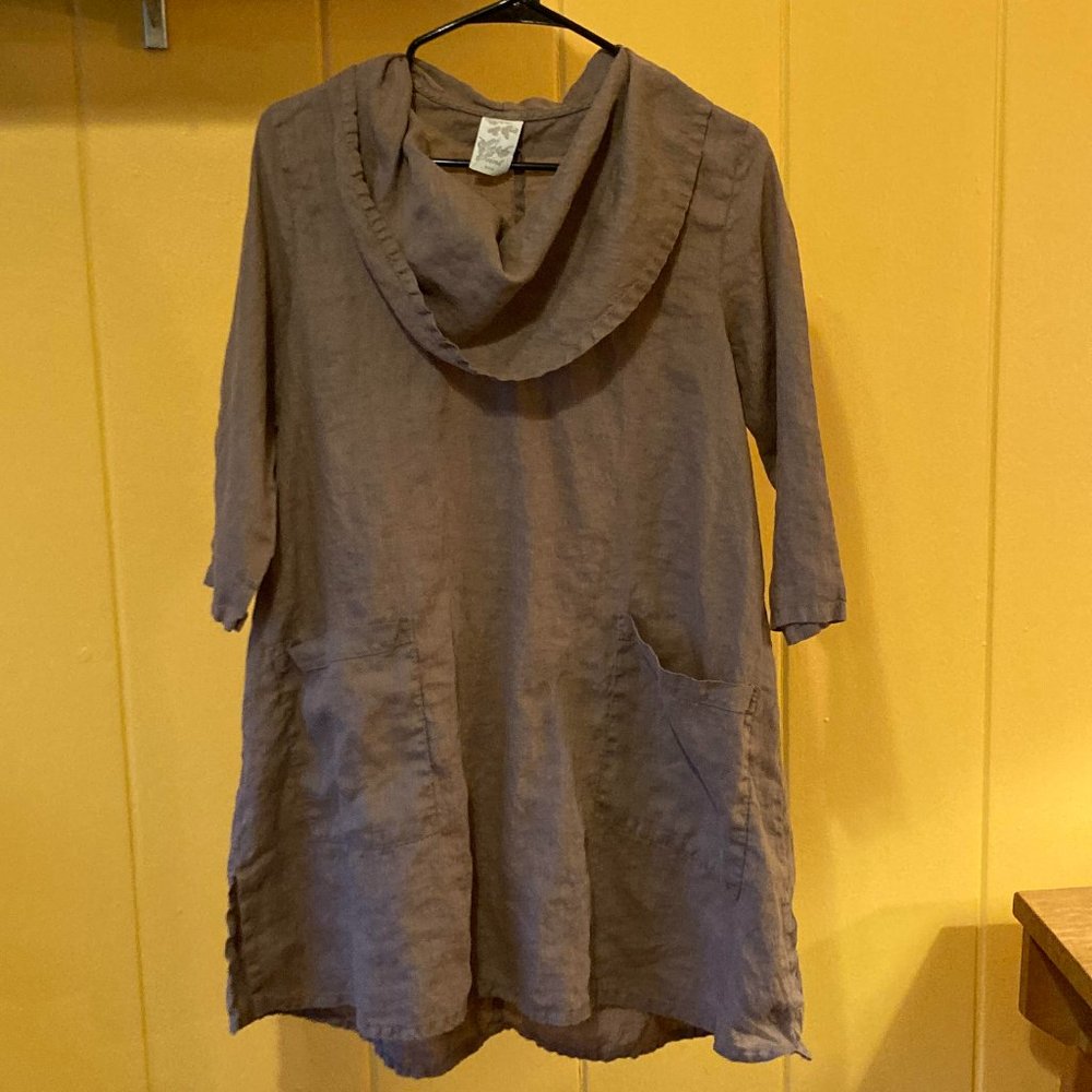 Match Point Linen 3/4 Sleeve Cowl-Neck Tunic w/Pockets